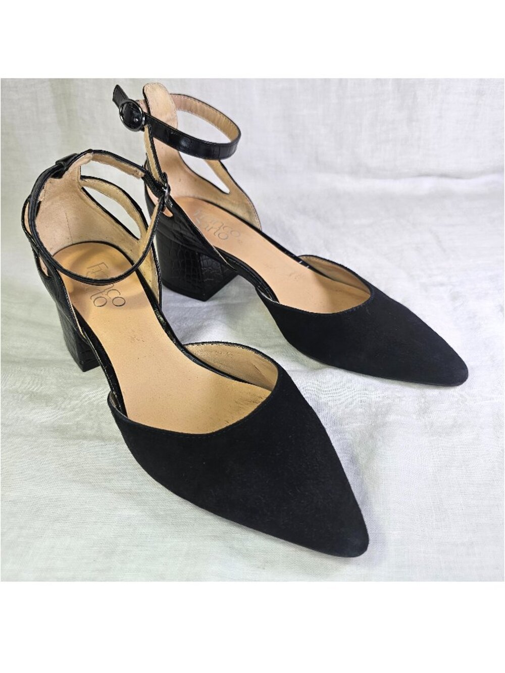 Franco Sarto Caleigh 2” Block Heel Ankle Strap Pointed Toe Suede Pump US6 Black